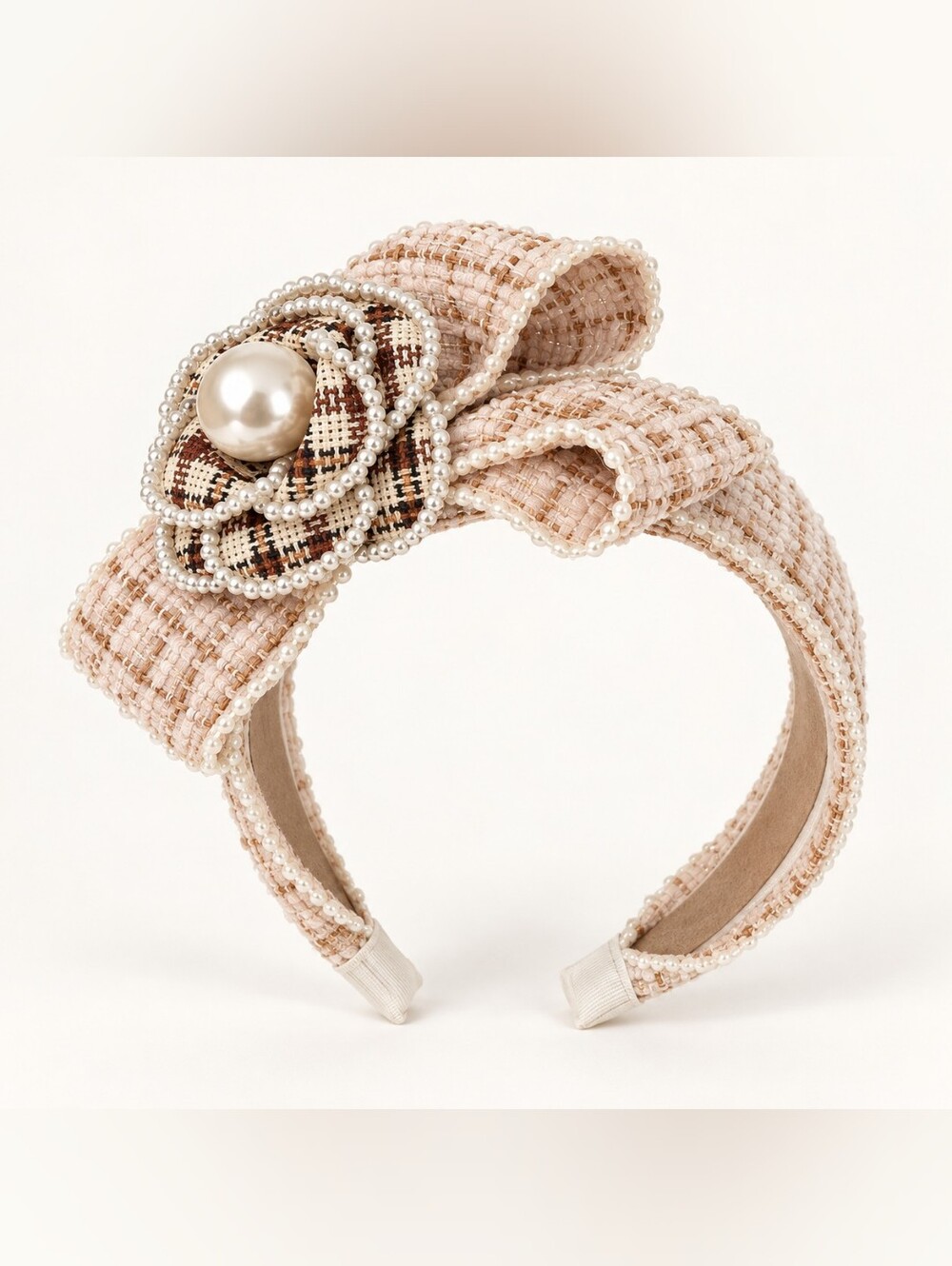Pearl Embellished Tweed Flower Headband